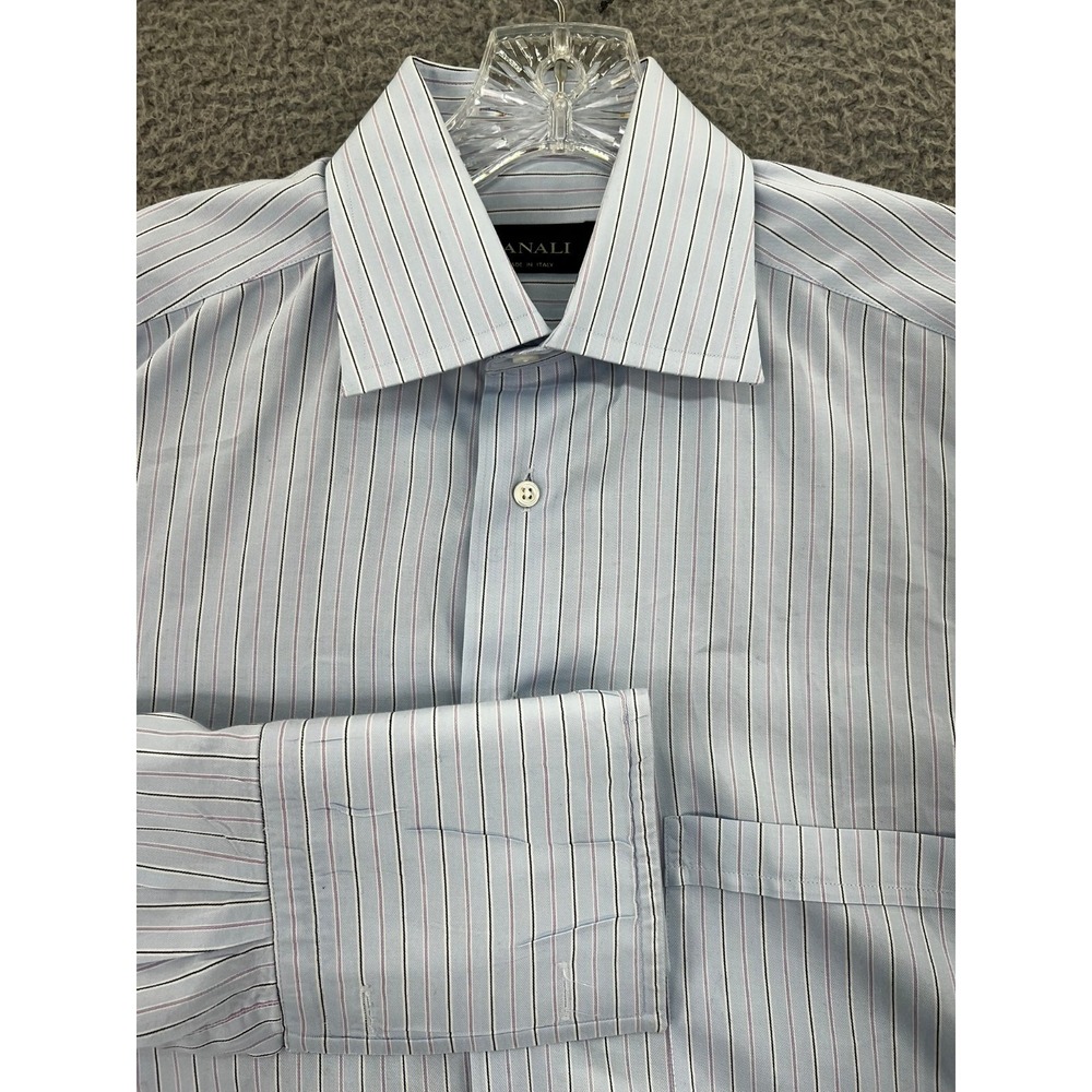 Canali Italy Dress Shirt 39 15.5 Blue Striped French Cuff Mens Long Sleeves